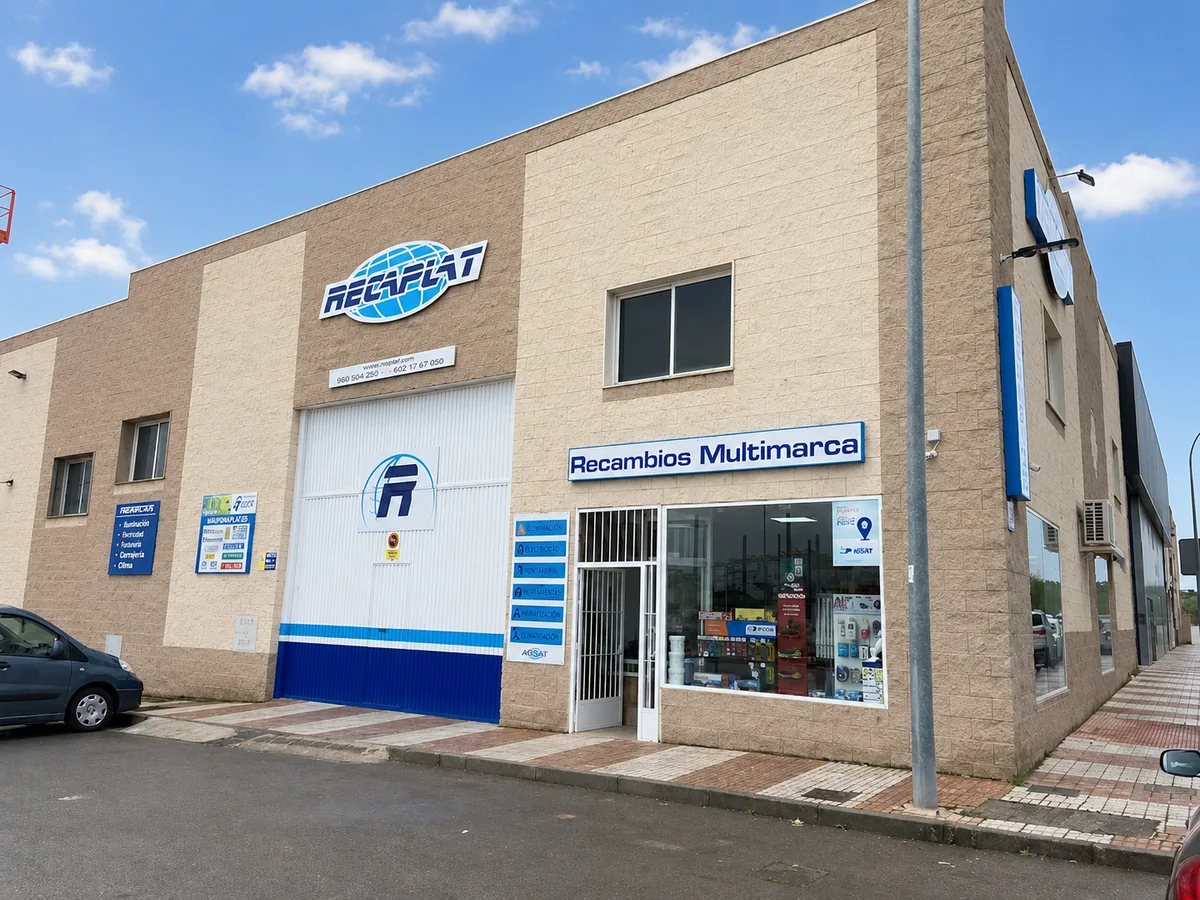 Fachada de Recaplat Global Service, con el escaparate de Recambios Multimarca